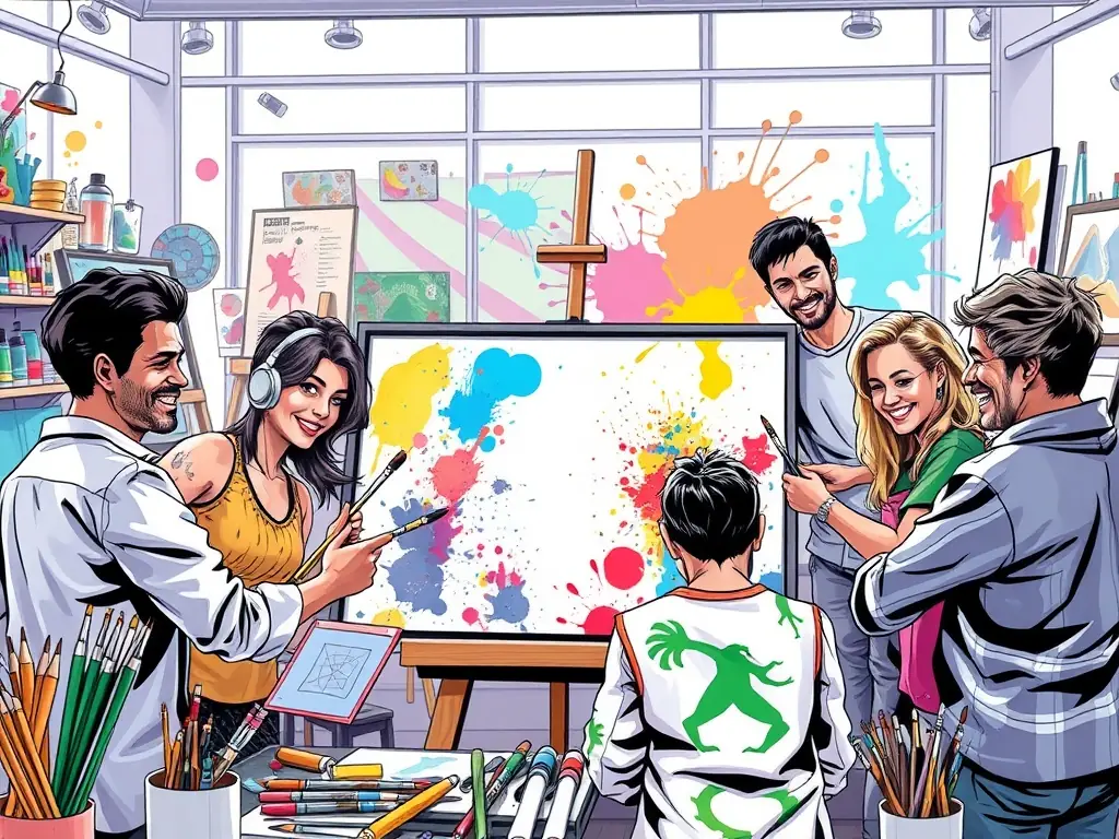 A dynamic image of a group of artists working together on a collaborative art installation, highlighting the interdisciplinary nature of LA 7PEL COMPAGNIE's projects.