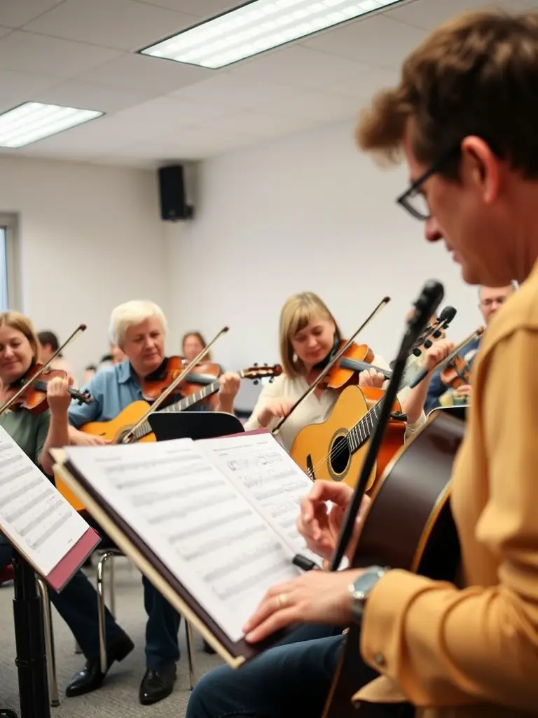 A vibrant photograph capturing a collaborative music workshop where participants of diverse ages and backgrounds are actively engaged in playing instruments and creating music together, reflecting the inclusive nature of LA 7PEL COMPAGNIE's programs.