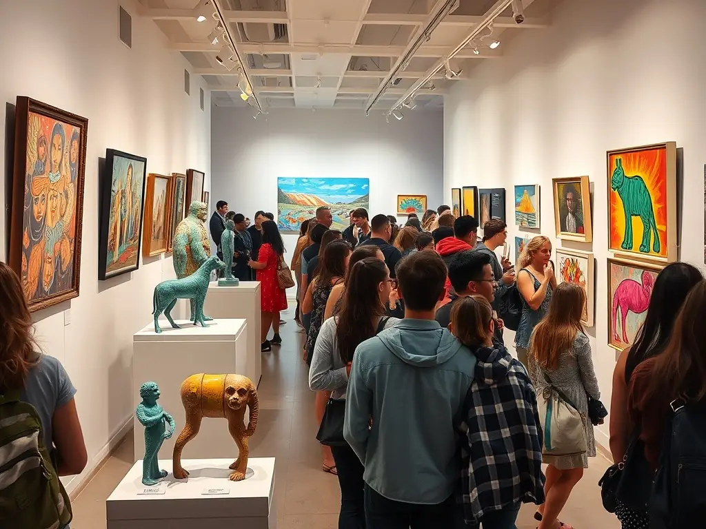 A photo of young artists showcasing their work at a LA 7PEL COMPAGNIE exhibition, highlighting the organization's commitment to nurturing emerging talent.