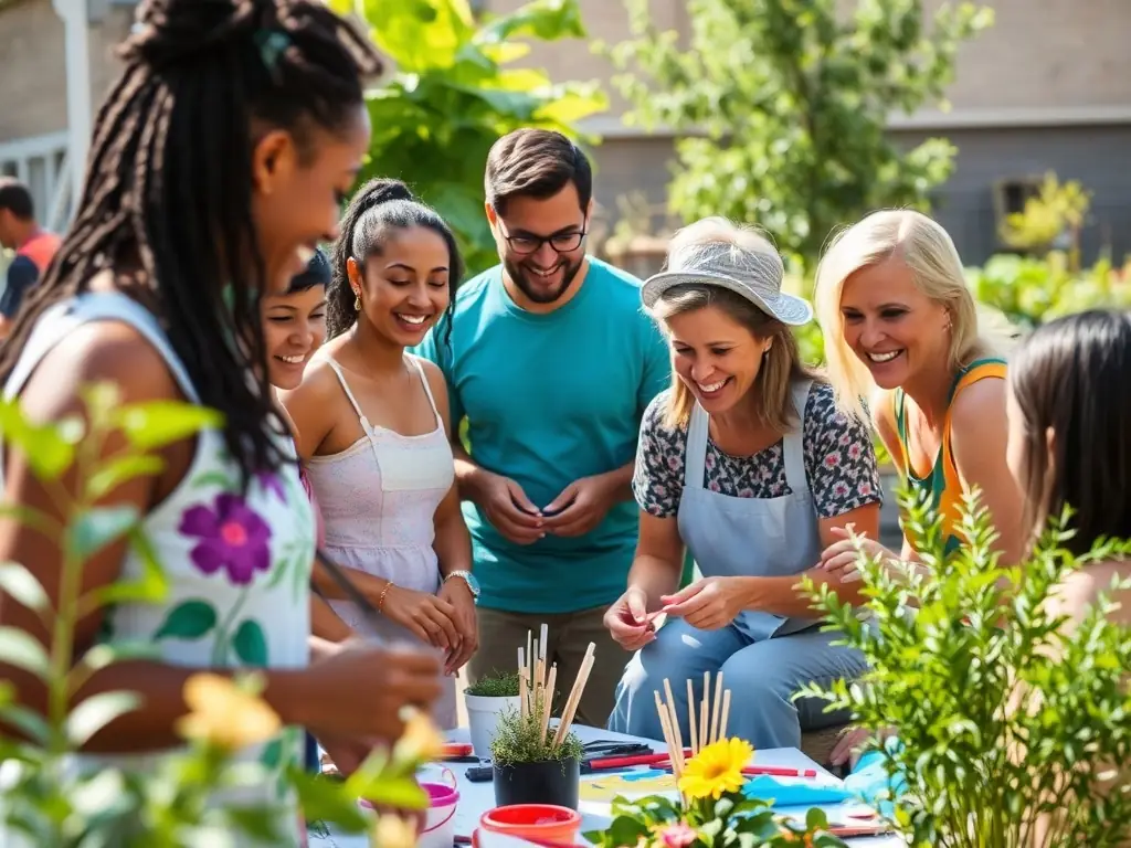 A vibrant photo of community members participating in a collaborative art project during a LA 7PEL COMPAGNIE event, showcasing the joy and engagement of participants.