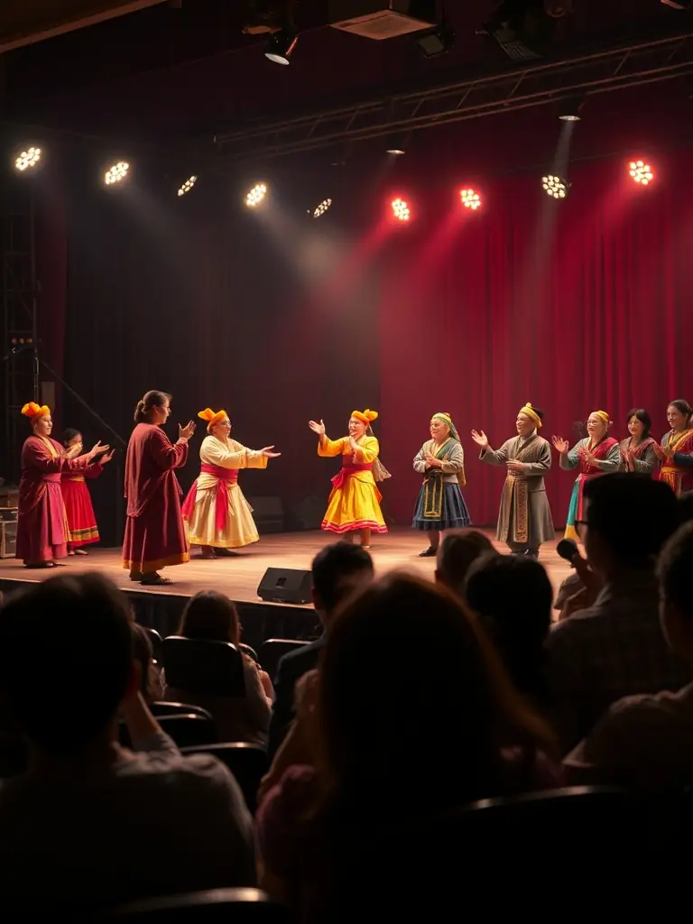A dynamic image showcasing a live performance that blends visual arts, theater, and circus elements, illustrating the interdisciplinary nature of LA 7PEL COMPAGNIE's artistic projects.