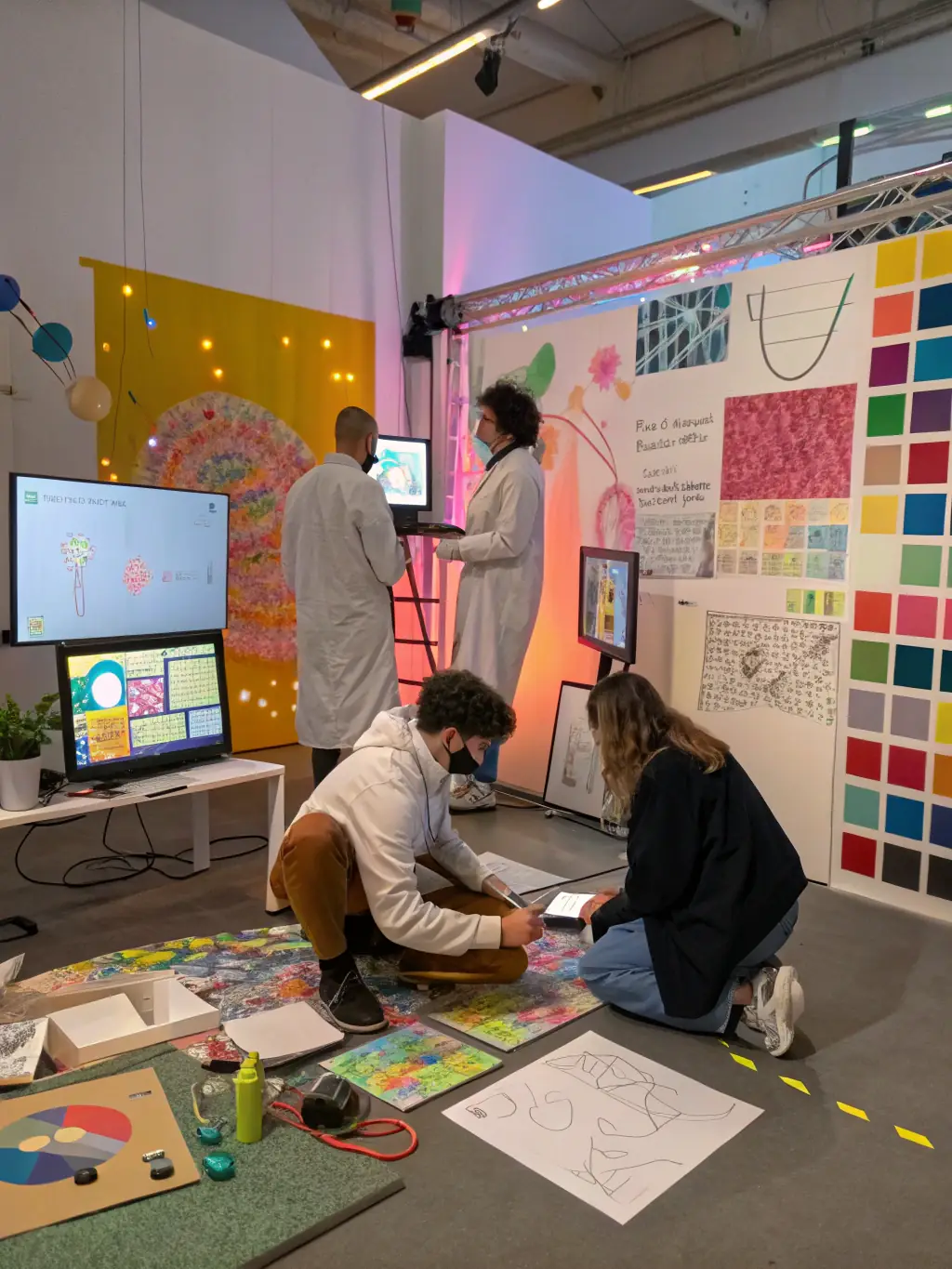 A behind-the-scenes shot of artists collaborating on an audiovisual project, highlighting LA 7PEL COMPAGNIE's commitment to fostering artistic collaboration and innovation.