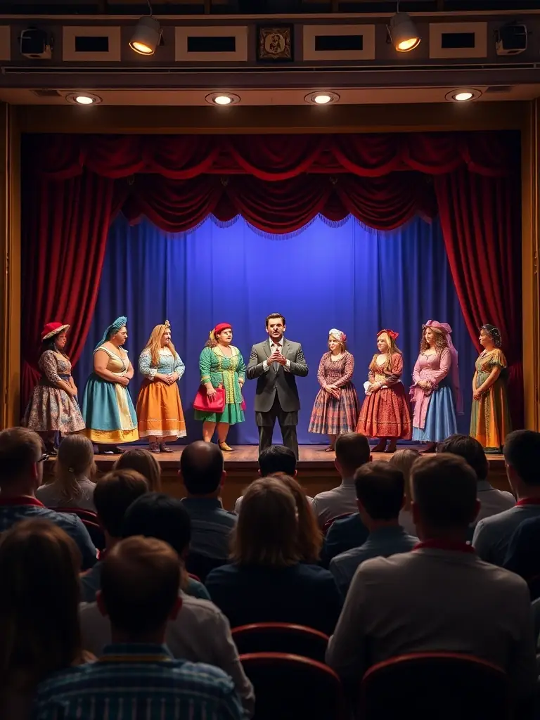 A photograph of a theater performance in a community center, highlighting the accessibility of cultural experiences for diverse audiences.