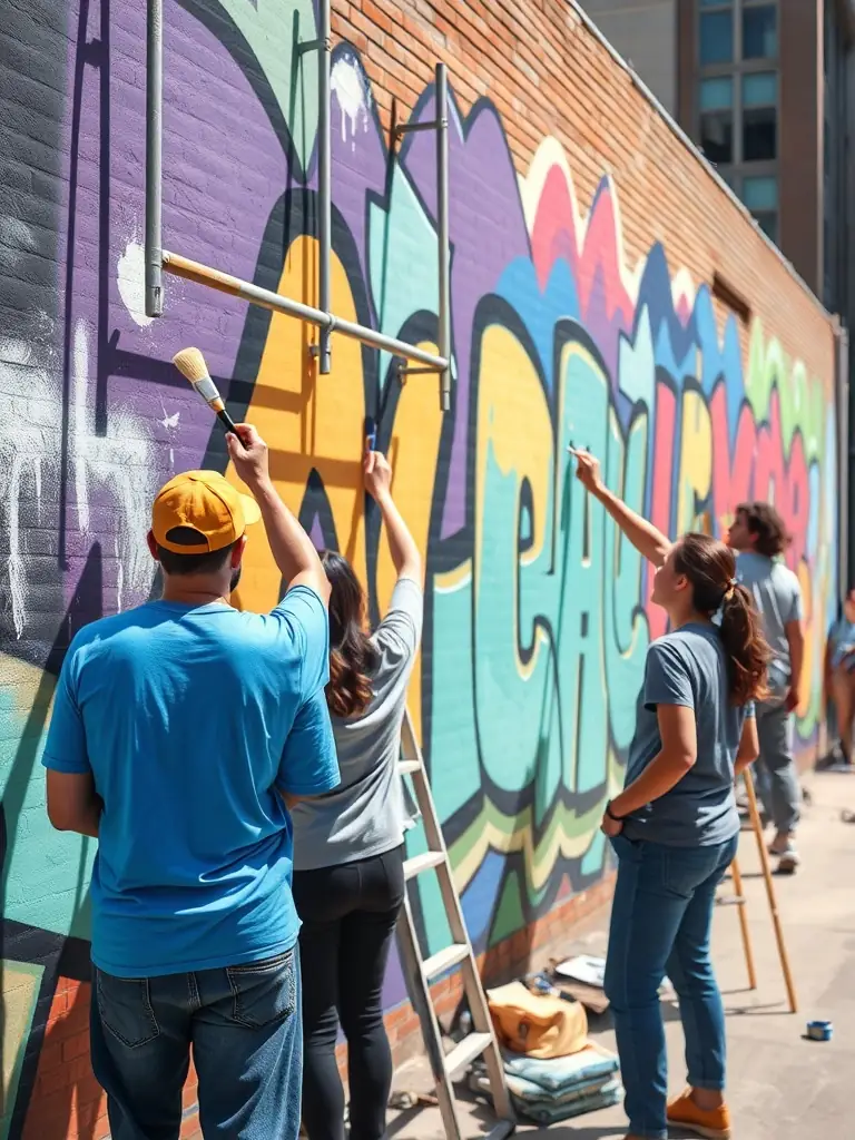 A photograph capturing a diverse group of artists collaborating on a large-scale mural, showcasing the blend of visual arts and community engagement.