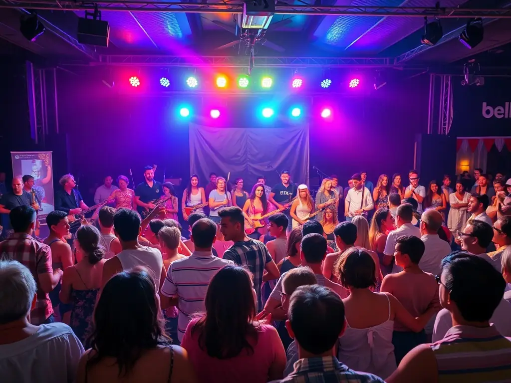 A photograph capturing a live music performance during one of LA 7PEL COMPAGNIE's community events, showcasing the energy and engagement of the audience.